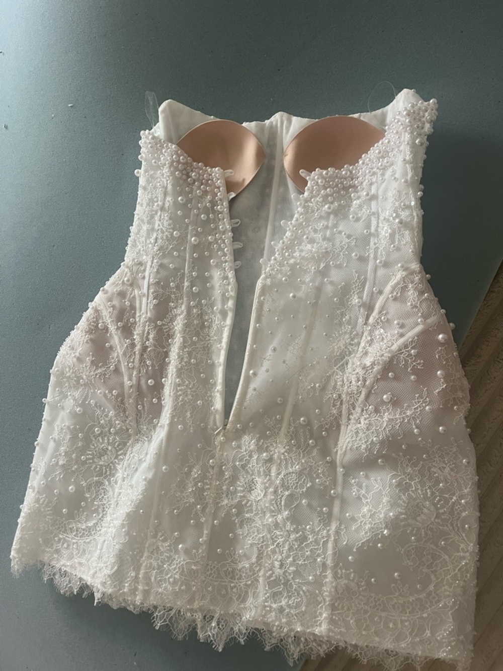 Strapless Pearl & Lace Mini Dress - White - Picture 6 of 6